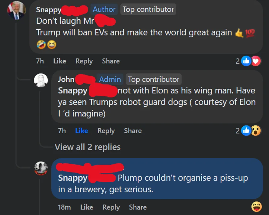 A screenshot of a Reddit comment thread shows a user named 'Snappy' jokingly claims Trump will ban EVs to make the world…