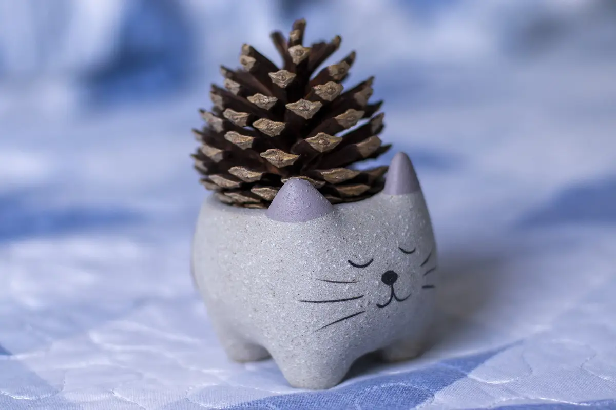 A small, gray, cat-shaped ceramic planter with closed eyes and whiskers sits on a blue quilted surface, topped with a brown…