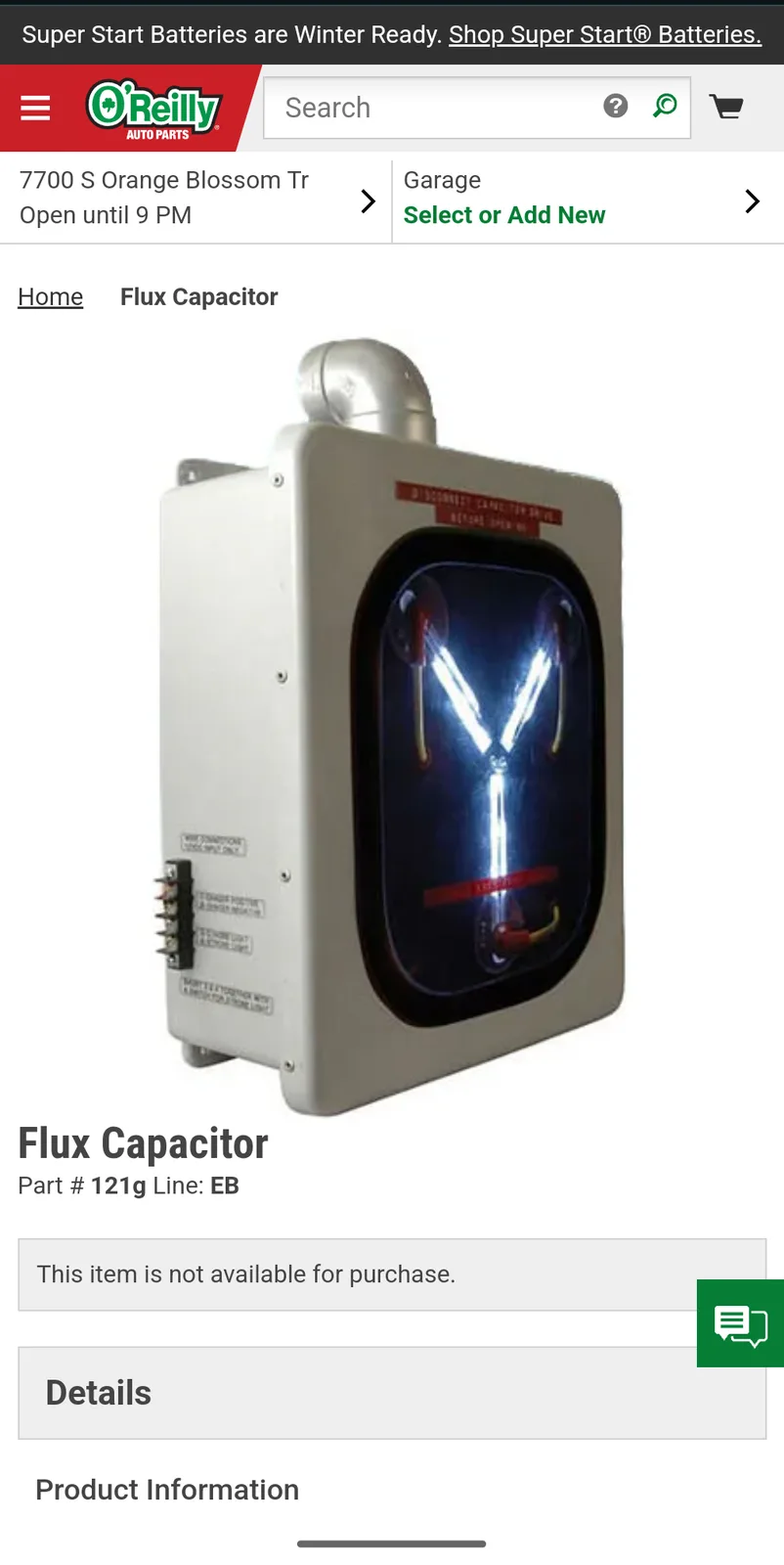 An O'Reilly Auto Parts website screenshot shows a product page for a 'Flux Capacitor,' a fictional device from 'Back to the…