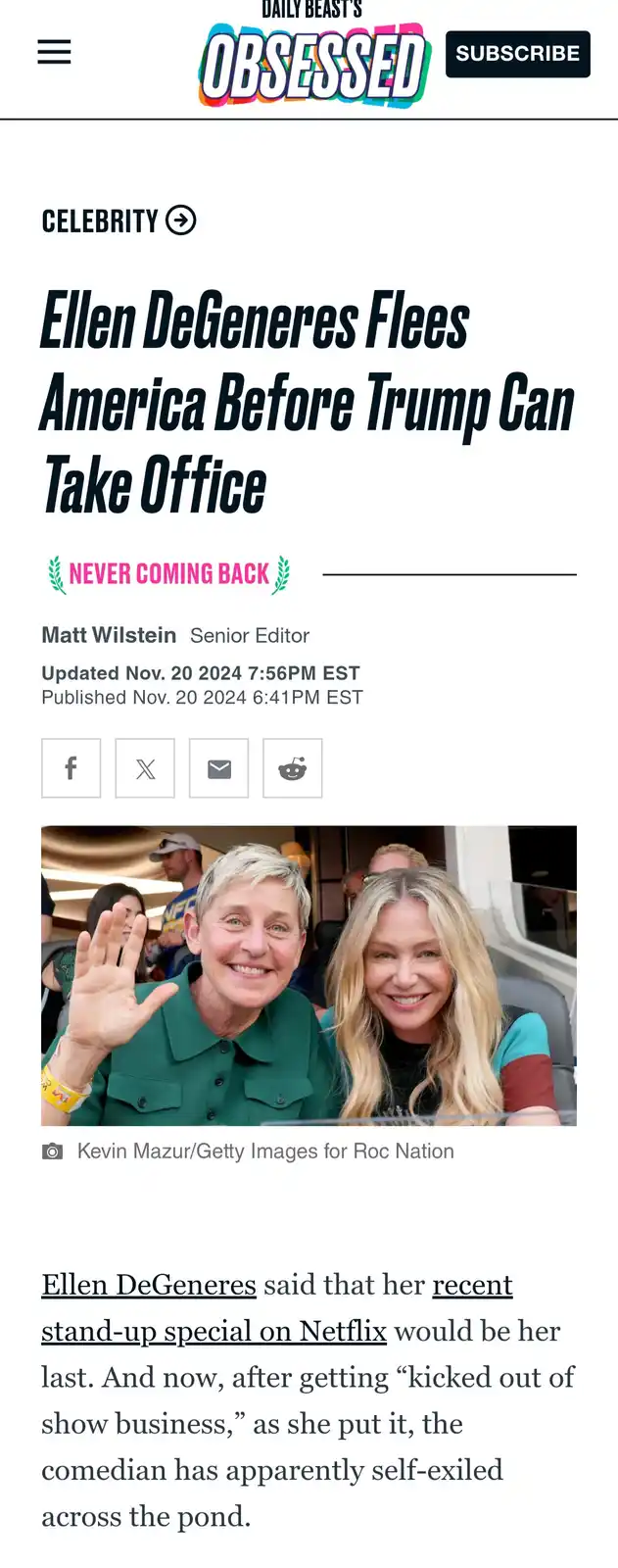 A screenshot of a Daily Beast article titled 'Ellen DeGeneres Flees America Before Trump Can Take Office' with a photo of…