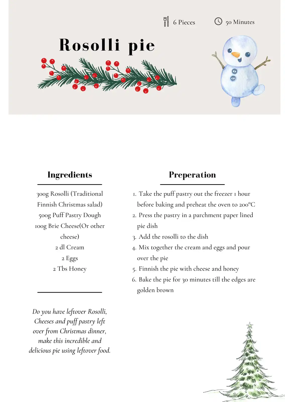 A recipe card for 'Rosolli pie' features a festive design with a snowman and pine branch illustration. It lists ingredients…