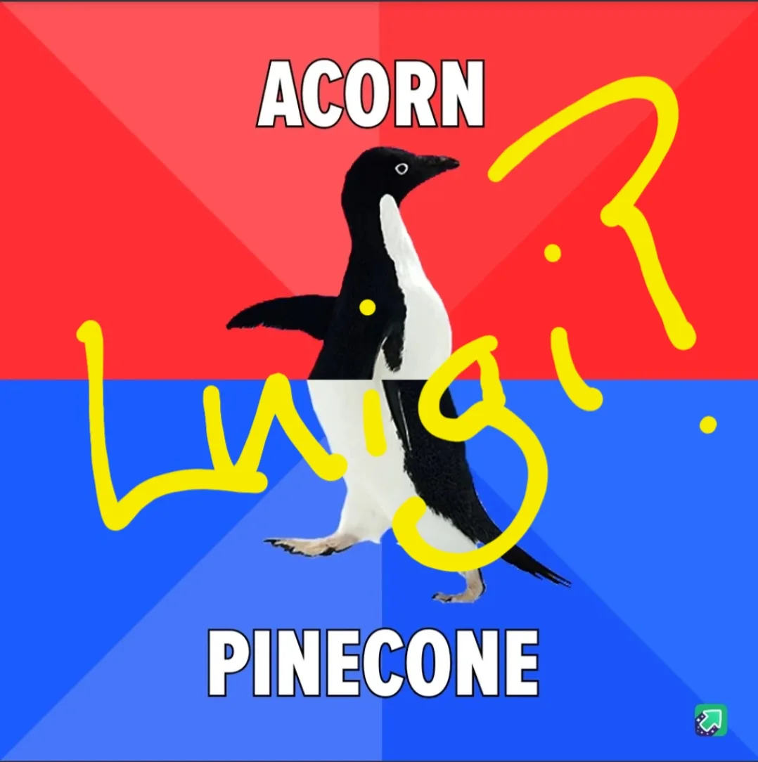 A penguin is split vertically down the middle, with the top half against a red background labeled 'ACORN' and the bottom…