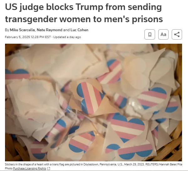A pile of heart-shaped stickers featuring the transgender flag (light blue, pink, and white stripes) is shown in a basket…