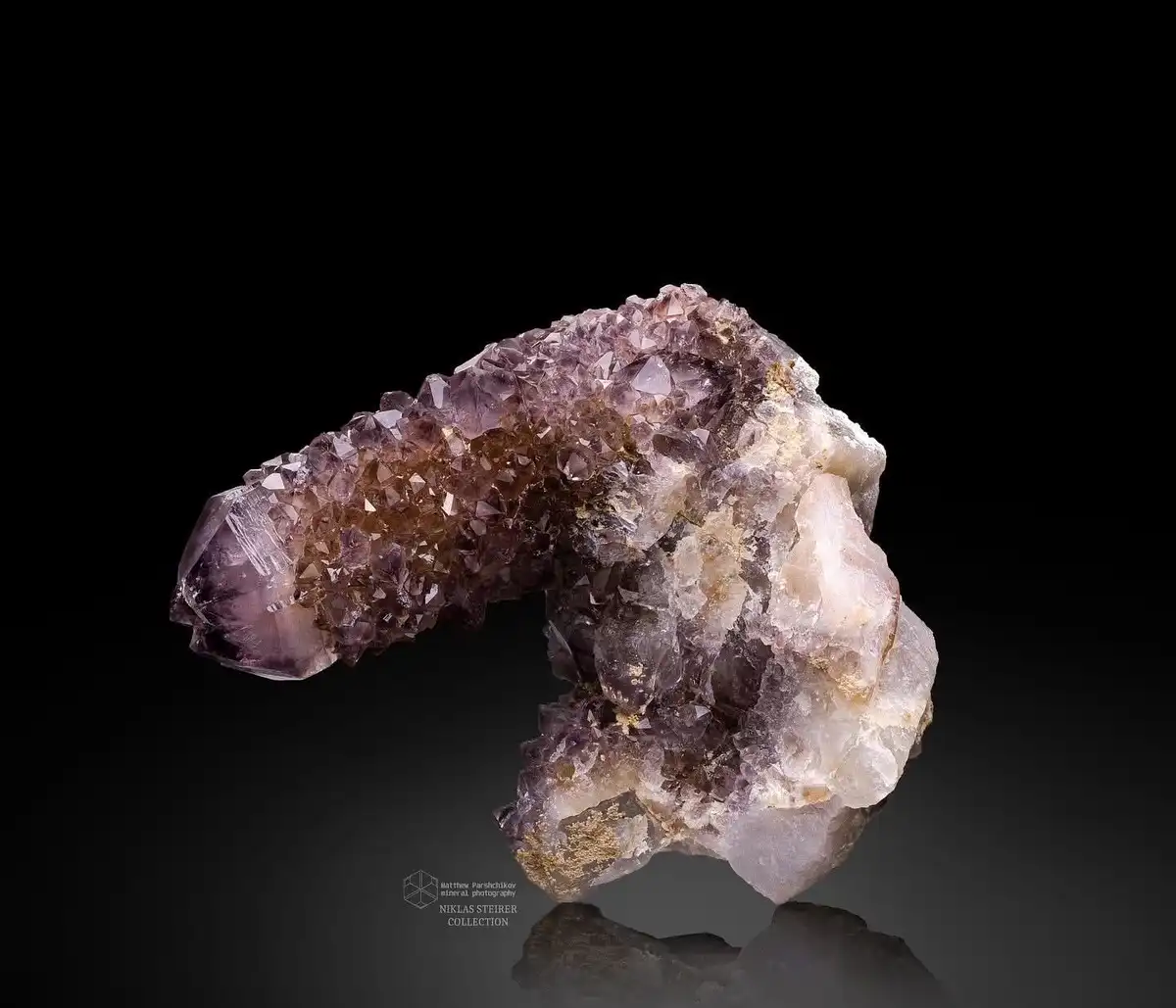 a professionally photographed amethyst geode with a curved, crystalline structure, featuring purple and white crystals…