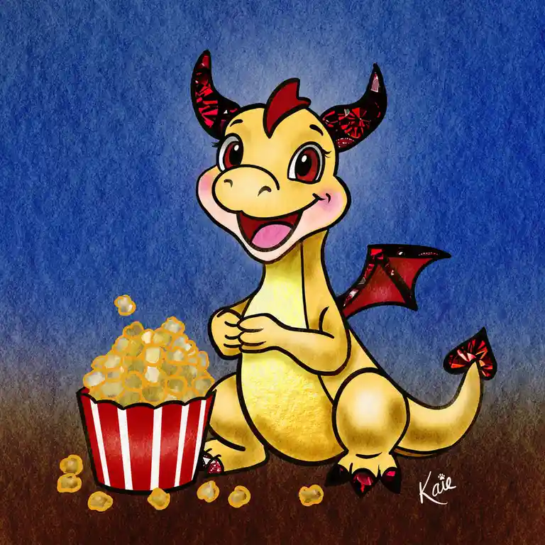 A cartoonish yellow dragon with red horns, wings, and tail tip sits happily next to a red-and-white striped popcorn bucket…