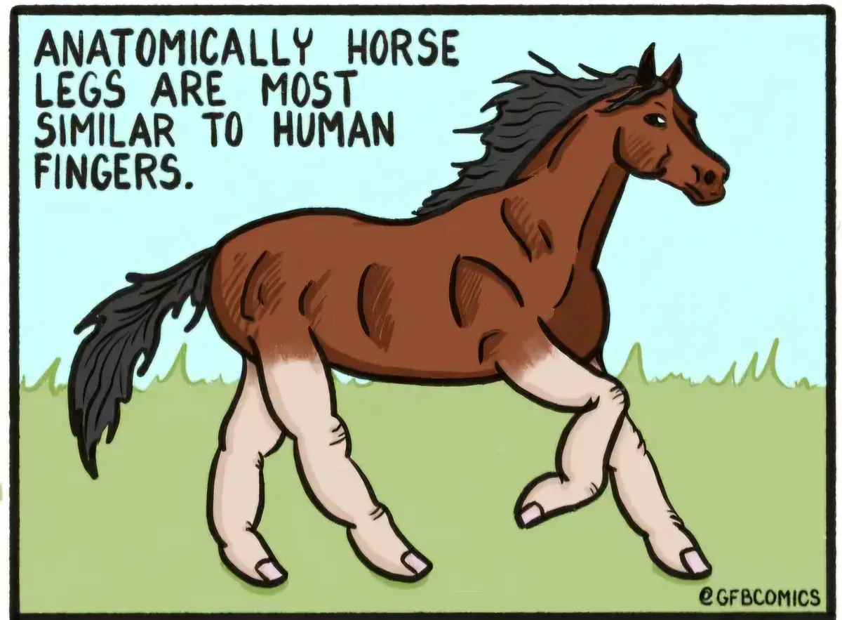 A cartoon horse with a brown body and black mane and tail stands on a green field against a light blue sky. Its legs are…