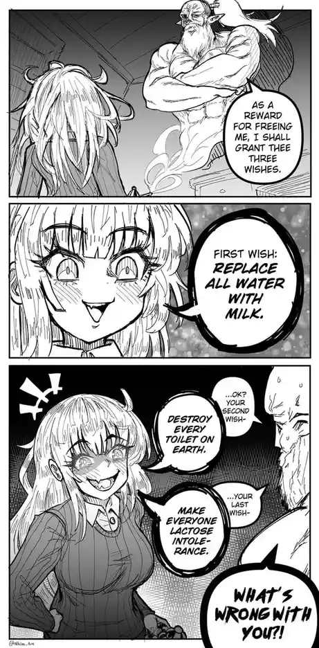 A three-panel manga-style comic shows a muscular, bearded, horned figure offering three wishes to a young girl with horns…