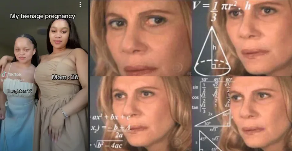 The image is split: left side shows two young women, one labeled 'Daughter: 16' and the other 'Mom: 26', with text 'My…