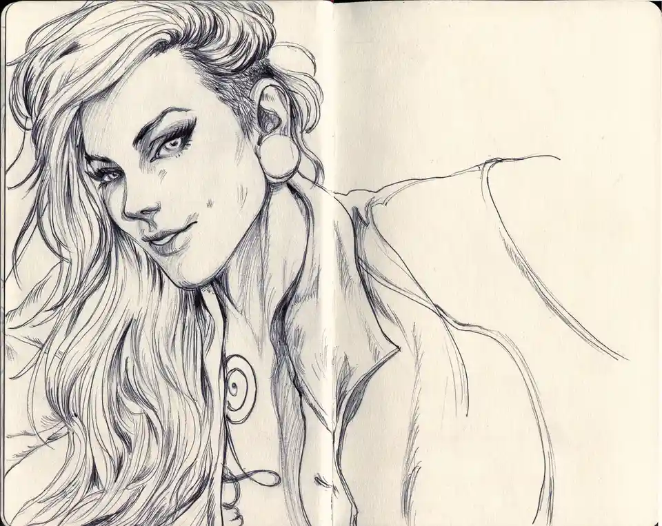 A black-and-white pencil sketch in a sketchbook shows a detailed portrait of a woman with long hair, wearing a jacket and…