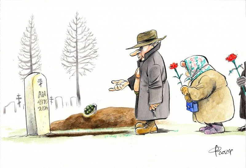 A cartoon depicts a man in a trench coat and hat gesturing toward a freshly dug grave with a grenade embedded in the dirt…