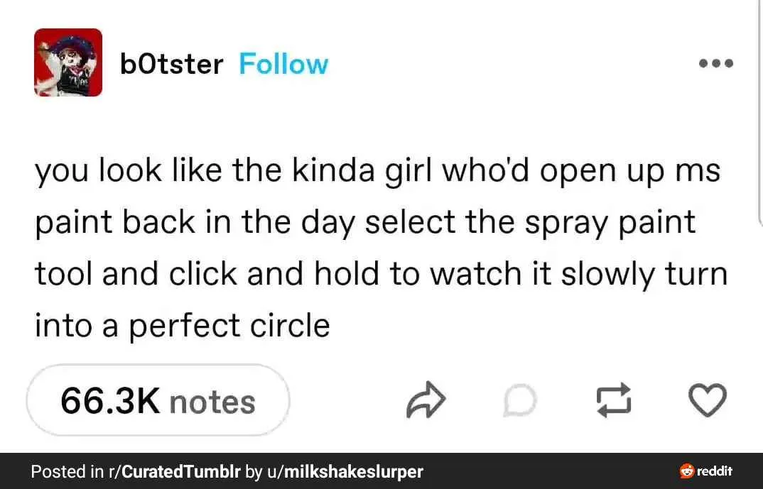 The image shows a Tumblr post by user bOtster with a caption describing a nostalgic, slightly absurd digital art activity…