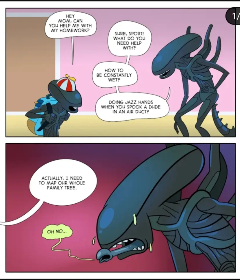 A two-panel comic featuring cartoon aliens. In the first panel, a child-like alien asks its mother alien for homework help…