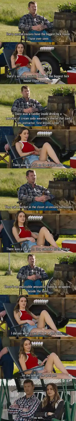 A meme collage from a scene featuring a man and a woman sitting outdoors, alternating panels show the man reacting with…