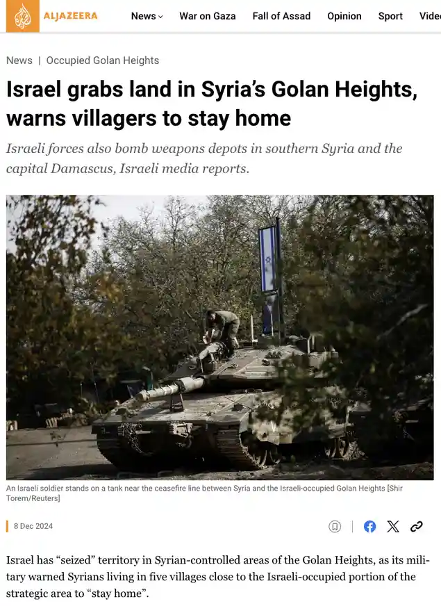 A screenshot of an Al Jazeera news article with a headline about Israel seizing land in Syria's Golan Heights and warning…