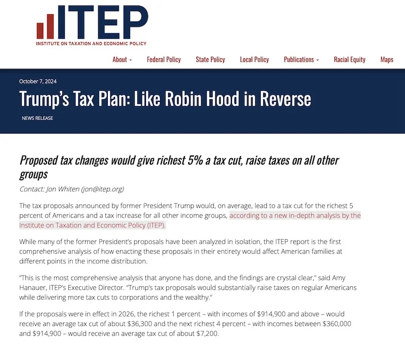 A screenshot of a news release from the Institute on Taxation and Economic Policy (ITEP) dated October 7, 2024, titled…