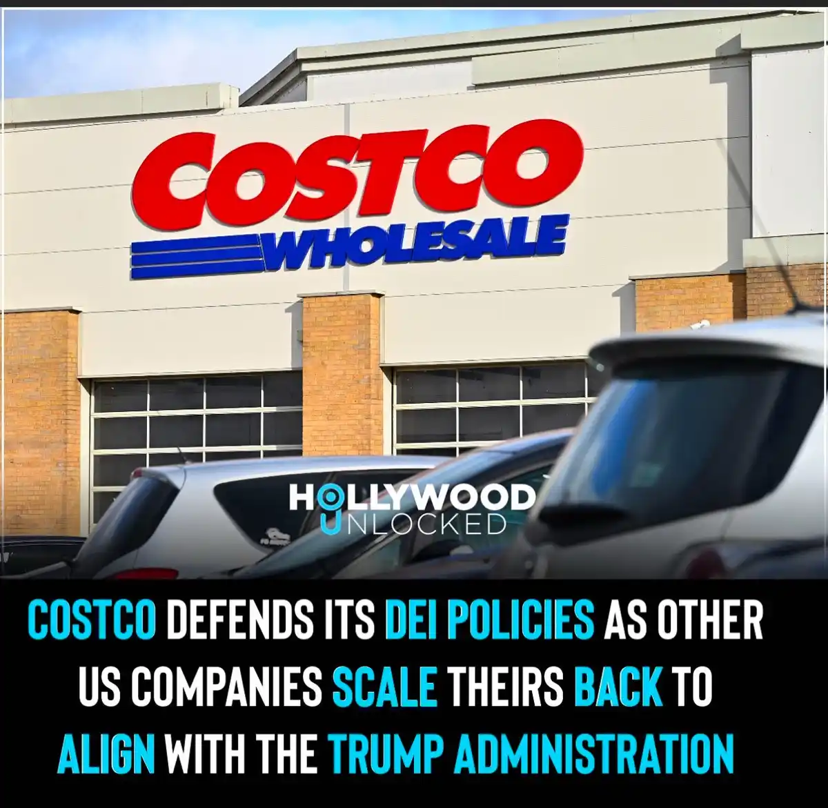 An exterior photo of a Costco Wholesale store with cars parked in front. A black banner at the bottom contains white and…