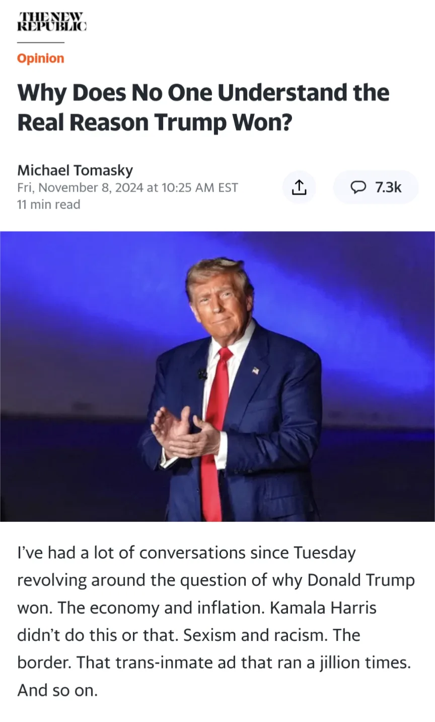 The image shows a screenshot of an article from The New Republic titled 'Why Does No One Understand the Real Reason Trump…