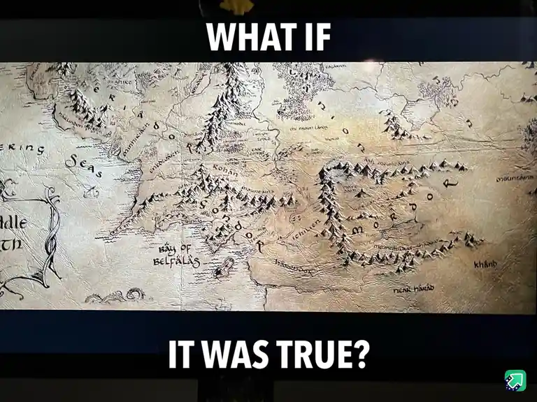 The image displays a detailed, textured fantasy map of Middle-earth, featuring labeled regions like Rohan, Gondor, Mordor…