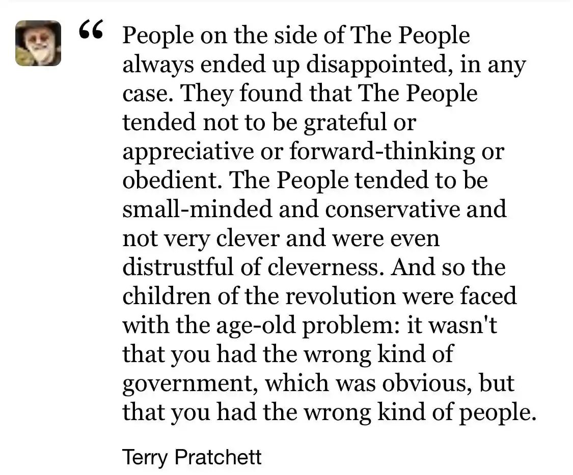 A white background image displays a long quote in black serif font, attributed to Terry Pratchett, about the disappointment…