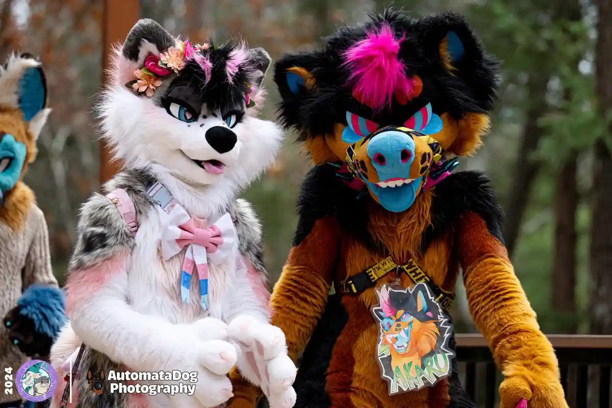 Two fursuit characters stand side by side outdoors; the one on the left, with white and gray fur, pink accents, and a floral…