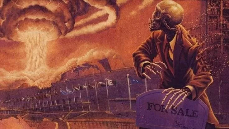 A skeletal figure in a brown suit leans over a tombstone that reads 'FOR SALE', set against a backdrop of a nuclear mushroom…