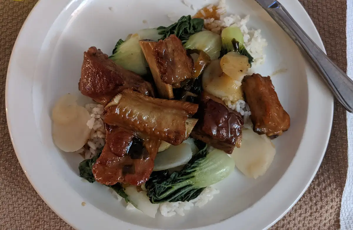 A close-up photo of a white plate containing a meal of rice, glazed ribs, bok choy, and sliced onions. A silver fork rests…