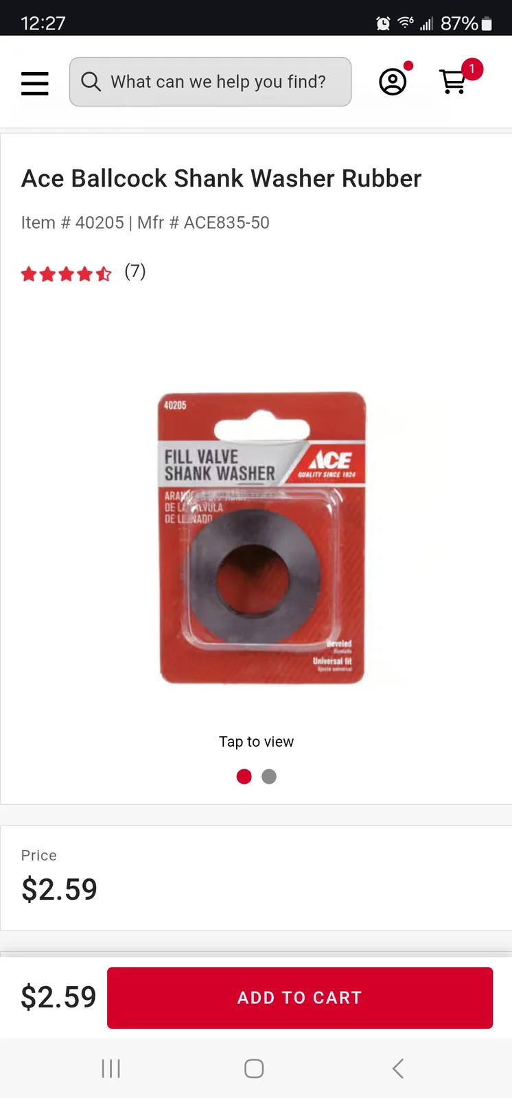 A screenshot of an online store product page for an Ace Ballcock Shank Washer Rubber, showing the red and white packaging…