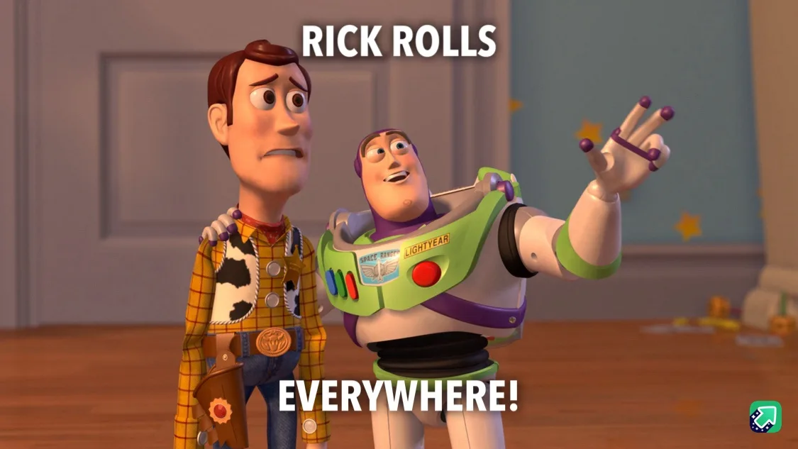 Two animated characters, Woody and Buzz Lightyear from Toy Story, are shown. Buzz is gesturing excitedly with his hand while…