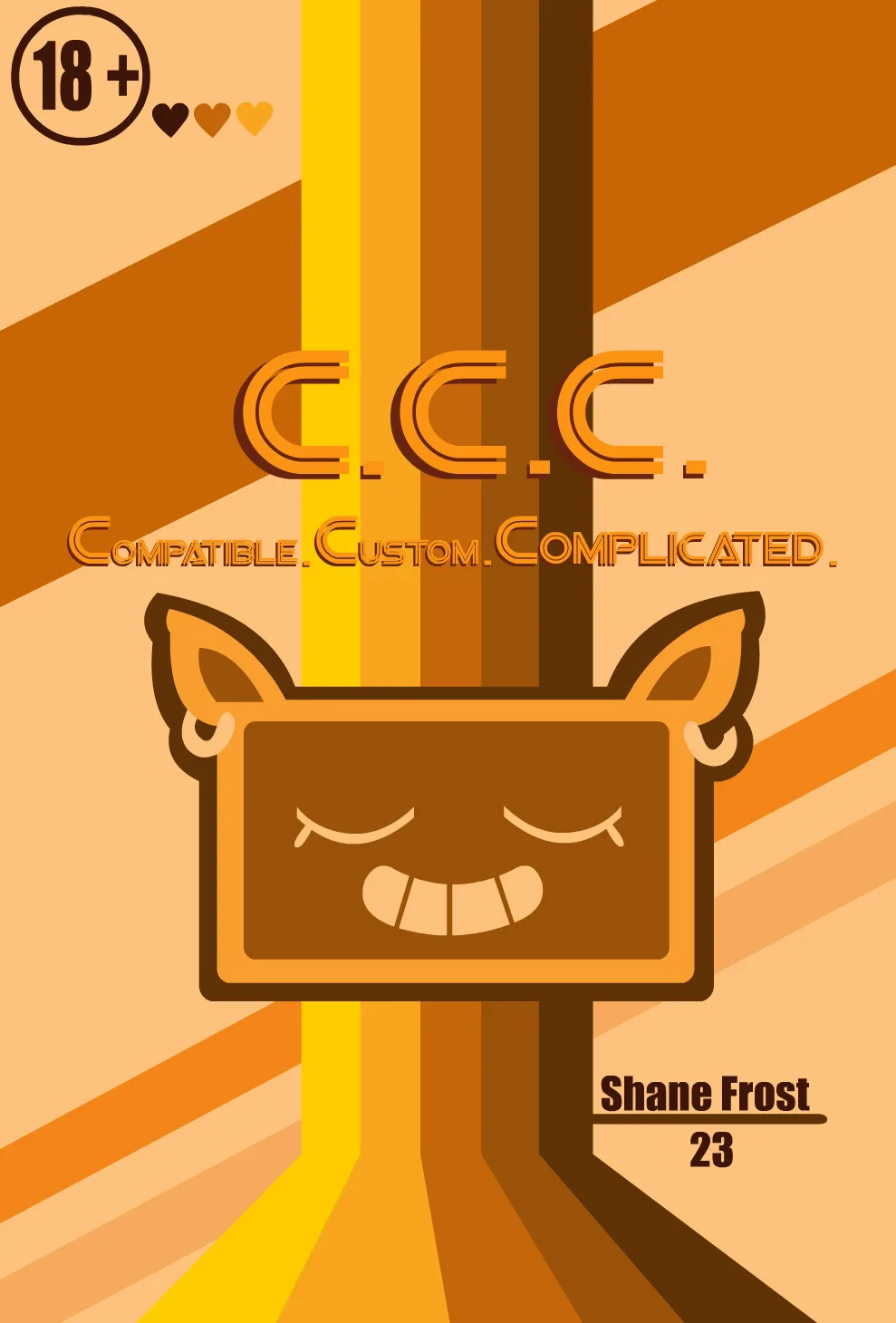 A stylized orange and brown graphic features a smiling, cat-eared face with closed eyes. Above it, the text 'C.C.C…