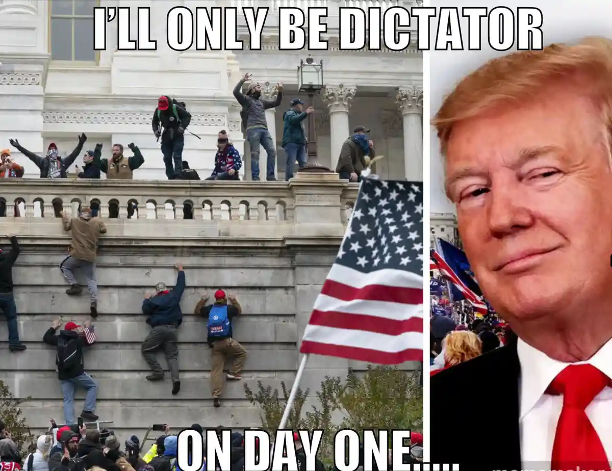 The image is split: left side shows protesters climbing the steps of the U.S. Capitol building with American flags, and…