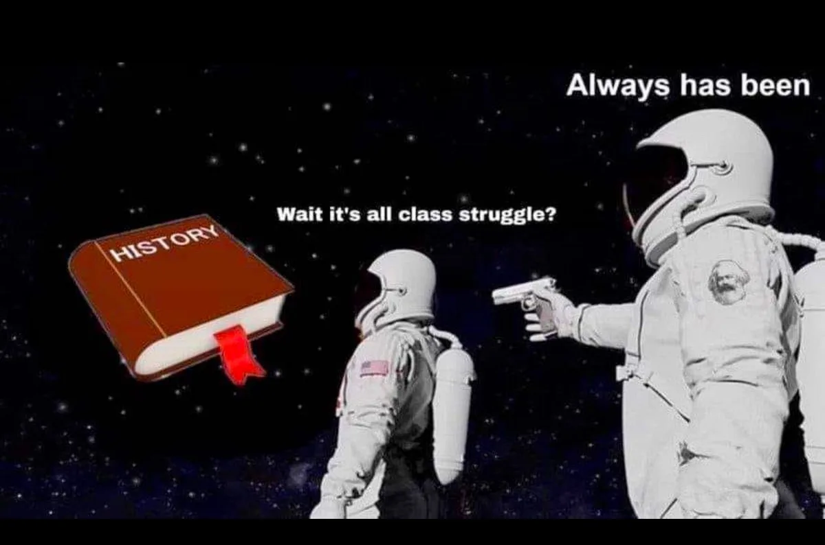 Two astronauts float in space, one pointing a gun at the other. A floating book labeled 'HISTORY' is nearby. The astronaut…