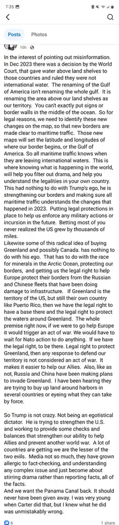 The image displays a long text post claiming a fictional 2023 World Court decision that granted the U.S. territorial waters…