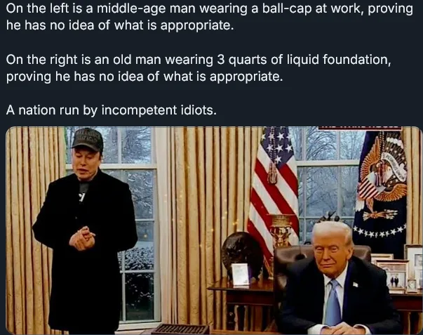 The image shows two men in an office setting with American flags and curtains. The man on the left stands wearing a baseball…