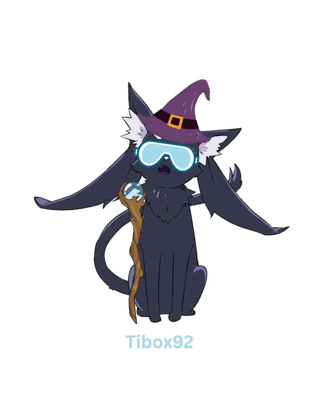 A cartoon black cat with white-tipped ears and tail, wearing a purple witch's hat with a gold buckle and large blue-tinted…