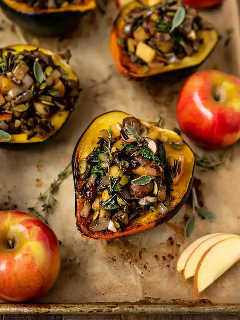A food photograph shows roasted acorn squash halves filled with a savory mixture of mushrooms, wild rice, herbs, and diced…