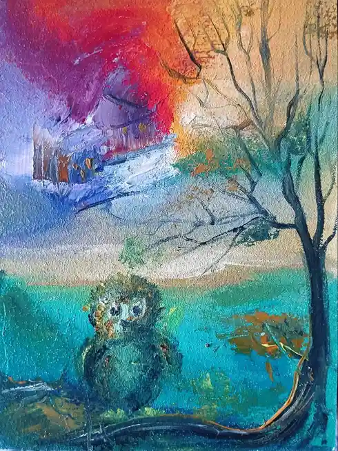 A textured, impressionistic painting depicts a small, round owl with large, expressive eyes sitting on a branch in the…