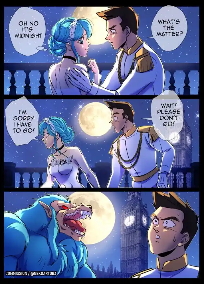A three-panel comic depicts a blue-haired woman in a white dress telling a prince she must leave at midnight, as he pleads…