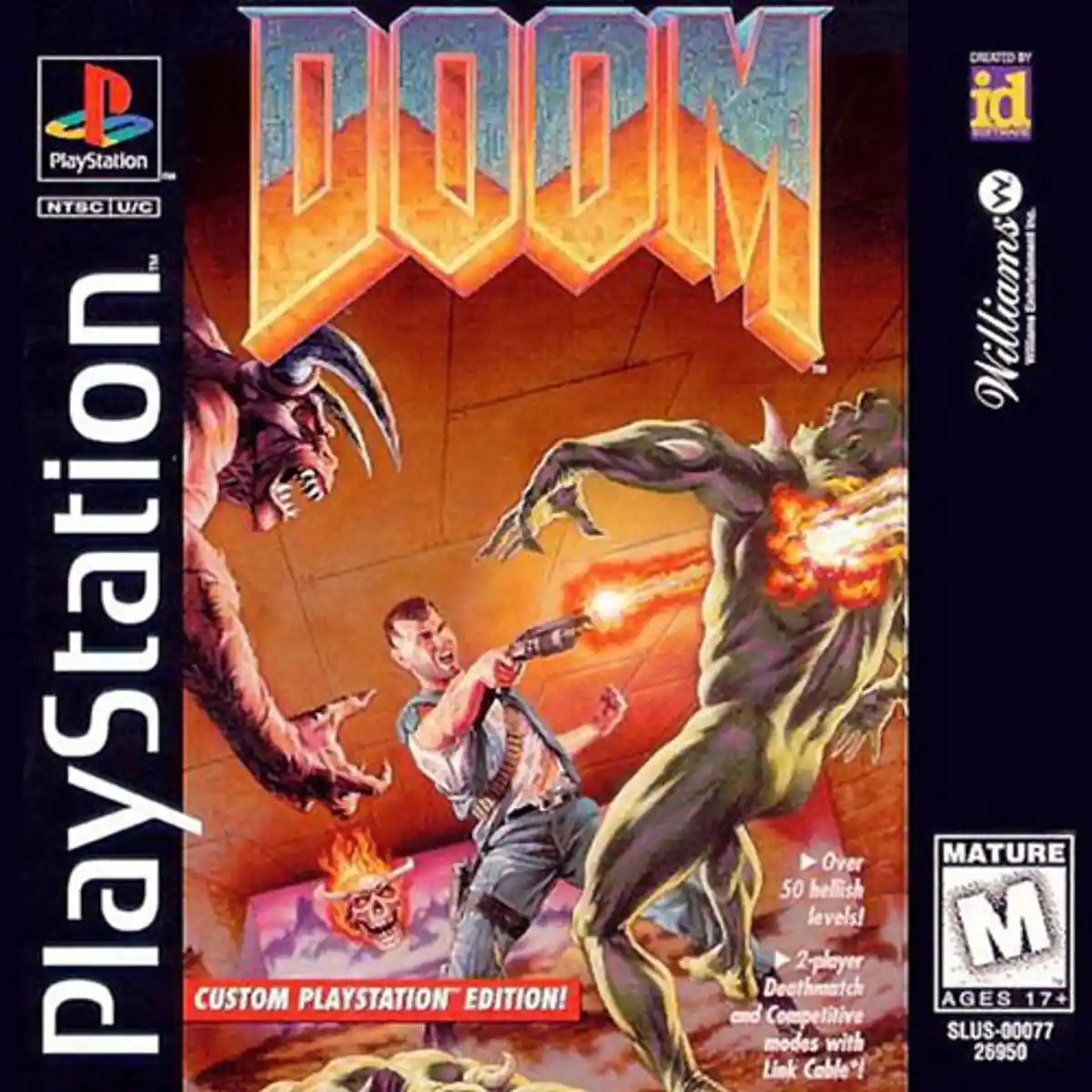 The image is a PlayStation game cover for 'DOOM', featuring a soldier firing a weapon at demonic creatures in a fiery…
