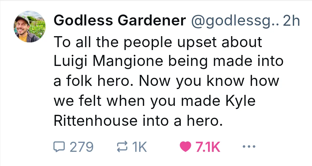 A screenshot of a tweet from user 'Godless Gardener' showing a text message that reads 'To all the people upset about Luigi…