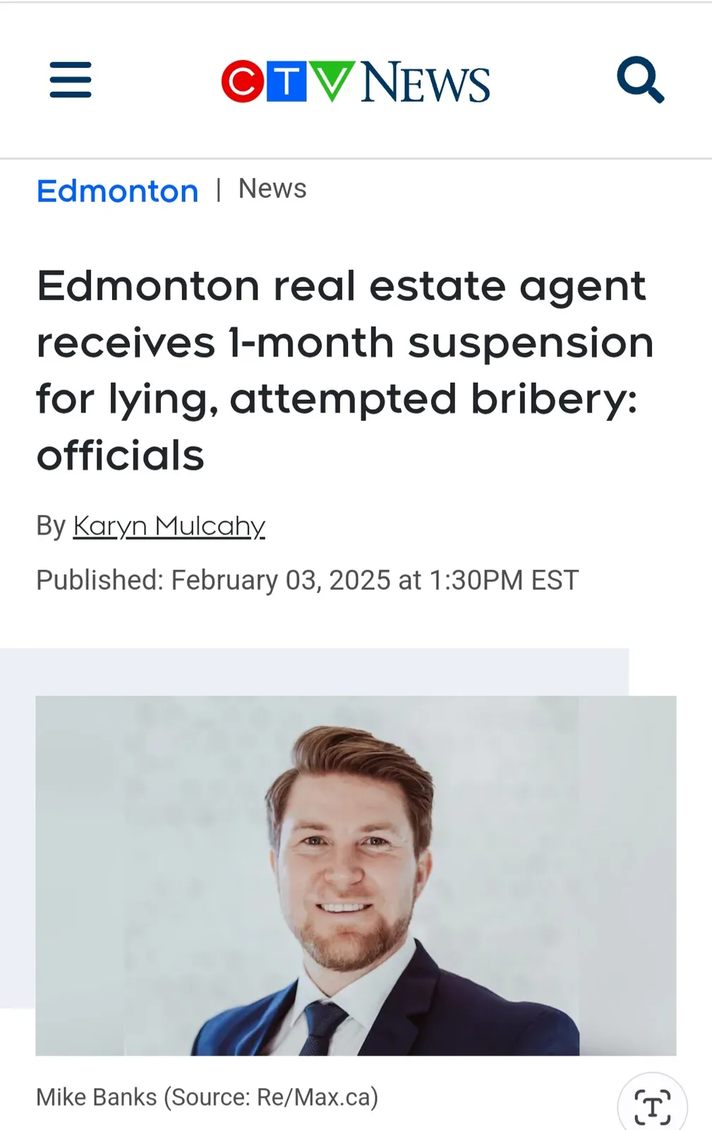 A screenshot of a CTV News article about a real estate agent named Mike Banks receiving a one-month suspension for lying and…