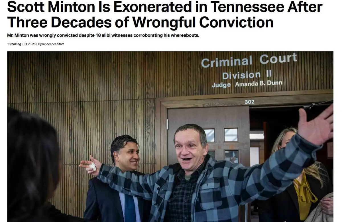 A man in a plaid jacket joyfully raises his arms in celebration outside a courtroom door labeled 'Criminal Court Division II…