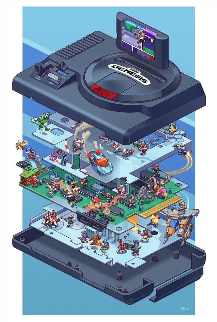 An isometric cutaway illustration of a Sega Genesis console, revealing its internal circuit board populated with miniature…