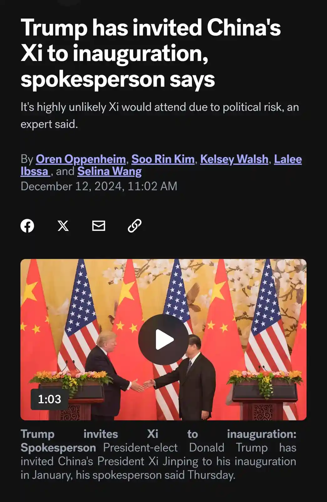 A screenshot of a news article with a headline stating 'Trump has invited China's Xi to inauguration, spokesperson says,'…