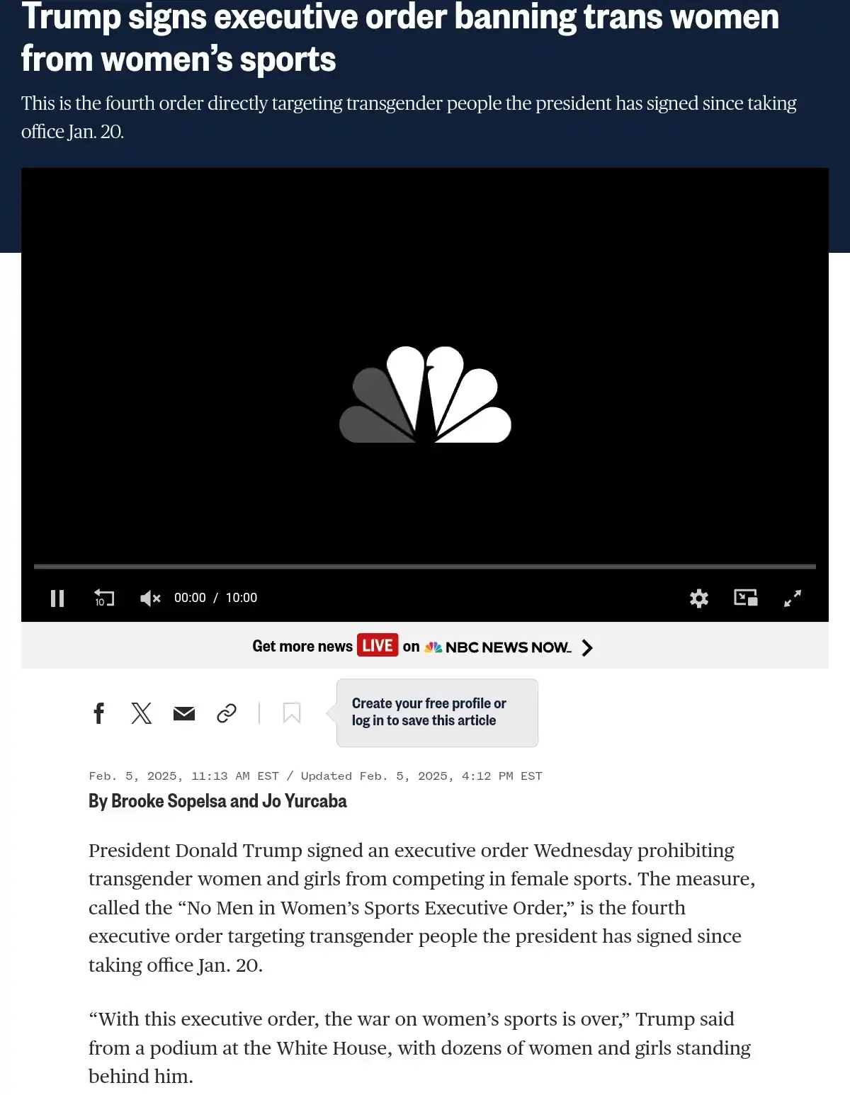 A screenshot of an NBC News article dated Feb. 5, 2025, with a headline stating 'Trump signs executive order banning trans…