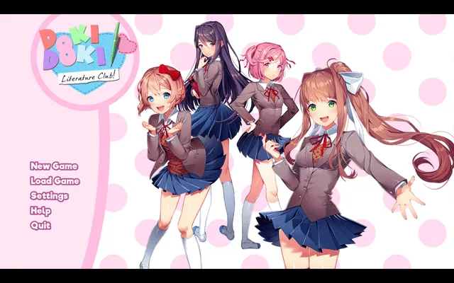 The image shows the main menu screen of the visual novel 'Doki Doki Literature Club!'. Four anime-style female characters in…