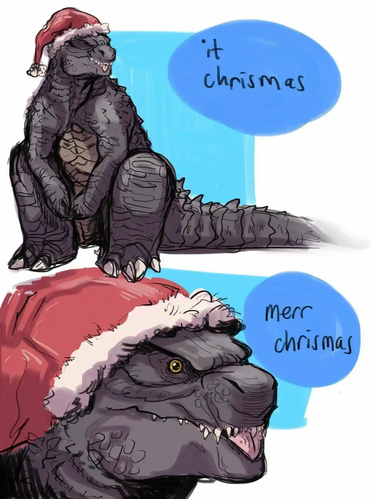 Two cartoon depictions of Godzilla wearing Santa hats. The top panel shows Godzilla sitting upright with a speech bubble…