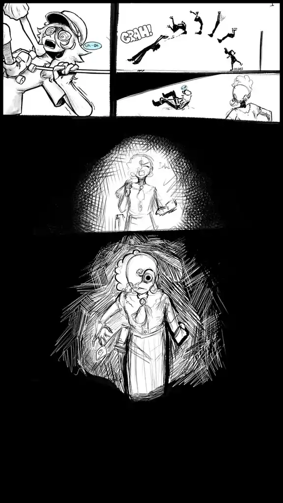 A black-and-white comic strip shows a character screaming 'Uh-Oh!' while falling from a rope, then landing with 'OOF!' as…