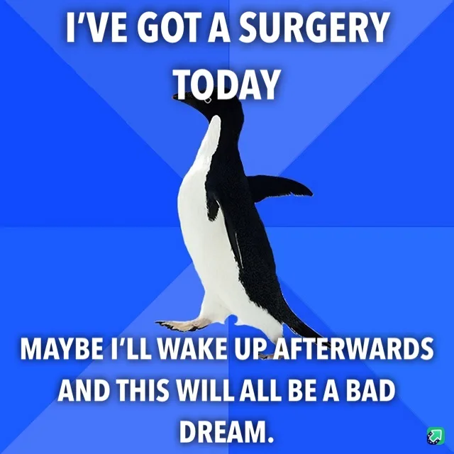 A black-and-white penguin stands against a blue background with diagonal lines. White text overlaid reads: 'I'VE GOT A…