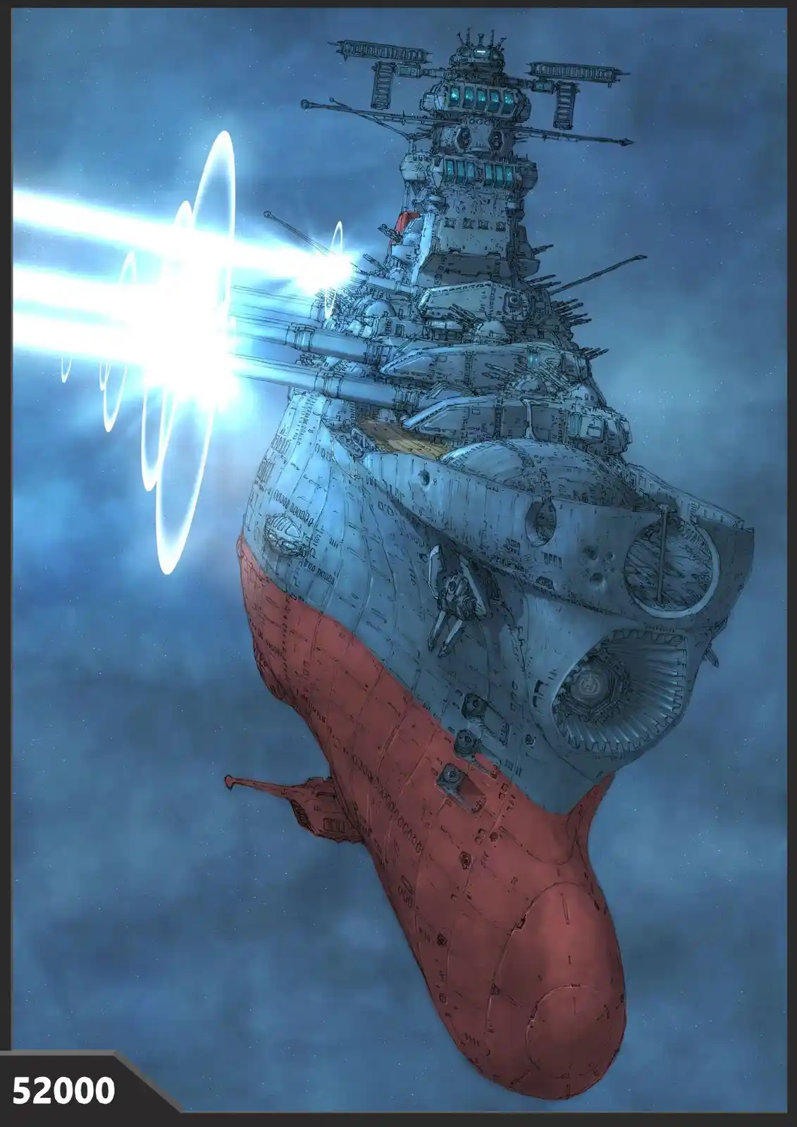 A massive, heavily armored spaceship with a red lower hull and gray upper structure fires a bright blue energy beam from its…