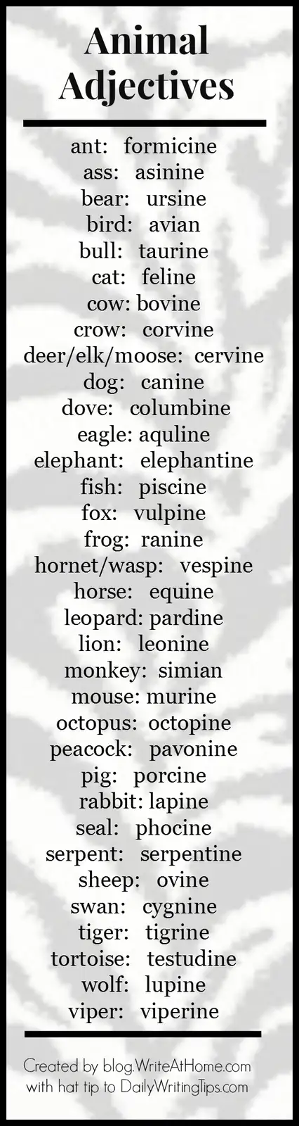 A black-and-white image displays a list titled 'Animal Adjectives,' pairing common animals with their corresponding…